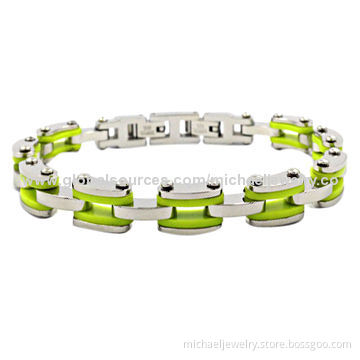 Stainless Steel Bracelets with Sharp Green Rubber, Healthy and Fashionable